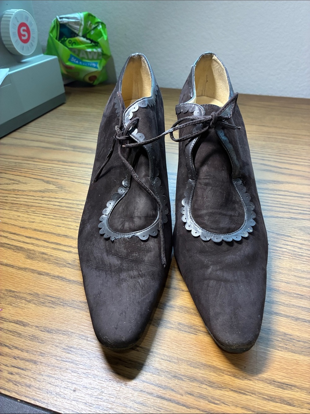 LOFT Dark Brown Suede Pointed Flats with Scalloped Trim